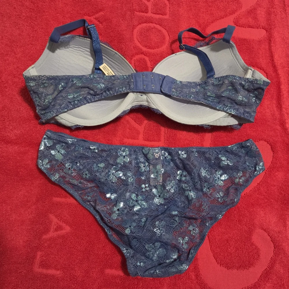 Victorias Secret Lace Bra and Panty Set in Blue Purple 36c Medium - Picture 2 of 4